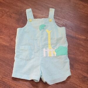Vintage Robert Jackson Green 3T Gingham Overalls With Giraffe Applique